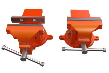 Two orange bench vises, one open and one closed, isolated on white. Represents tools, craftsmanship, repair, and DIY projects. Bright, clean, and detailed illustration.
