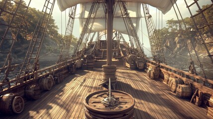 Obraz premium Impressive mixed media depiction of a pirate ship against a vibrant backdrop.