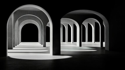 Geometric archways and shadows cast inside of a dark corridor