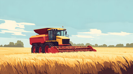 Obraz premium A combine harvester operates in a golden wheat field under a blue sky.
