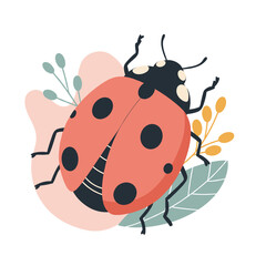 Obraz premium Ladybug sitting on leaves and decorative plants in a flat style 