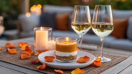 Outdoor dining with wine and dessert