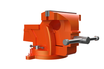 Professional Orange Bench Vise Cutout on Transparent HD Background Heavy Duty Steel Industrial Tool for Workshop Garage Metalworking Repair Fabrication DIY with Jaws Closed