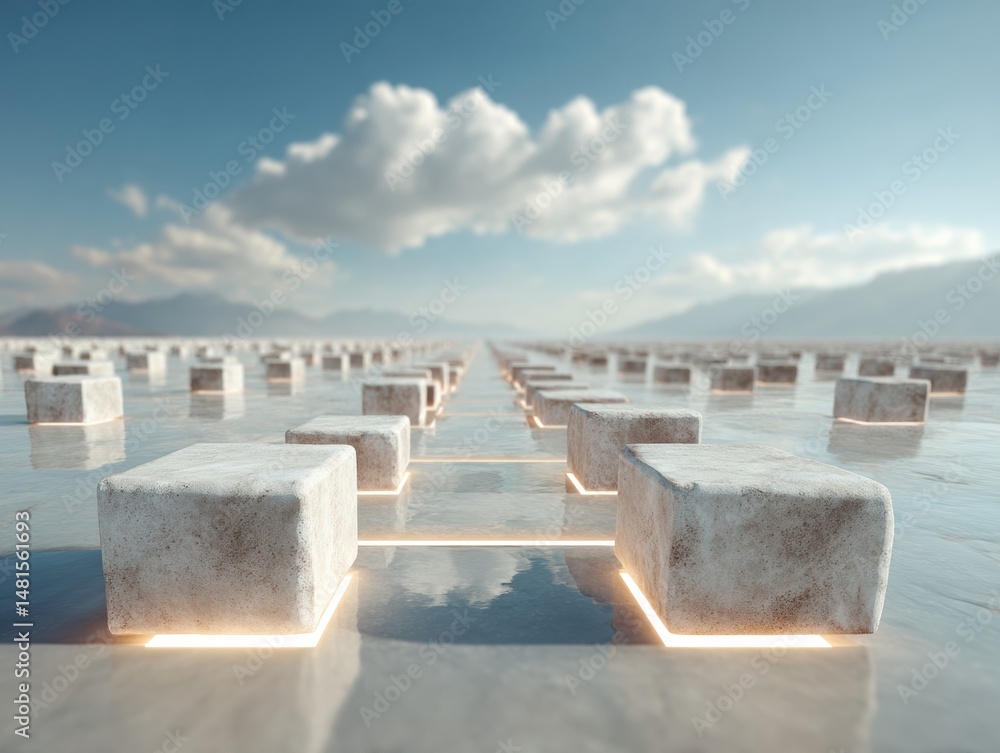 Poster Quantum Blockchain Landscape Immersive Digital Infrastructure Visualization with Geometric Data Cubes - Next-Generation Decentralized Network Connectivity
