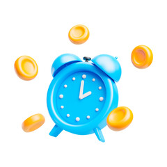 3D blue alarm clock and coins around. Time is money concept. Realistic clock icon with money for business investment, earning, finance saving. Vector symbol of payment reminder isolated on white