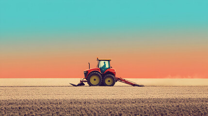 Obraz premium A red tractor plows a field under a colorful sky at sunset.
