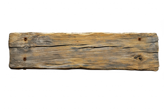 Rustic wooden plank with nails and crack isolated on transparent background