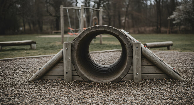 Rustic Wooden Playground Tunnel, Tire Crawl, Autumnal Setting