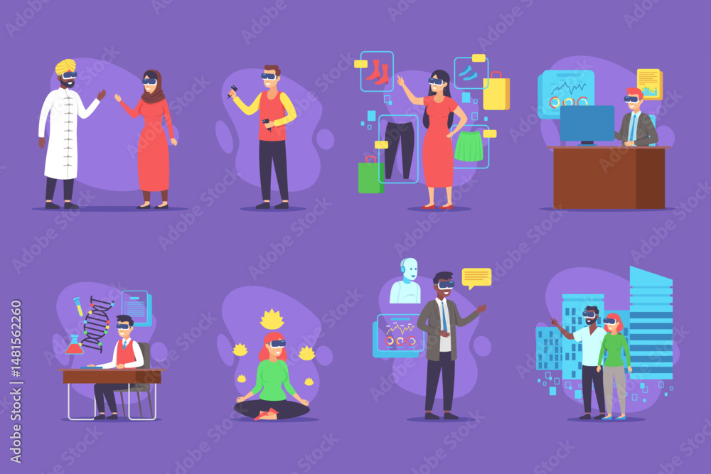 Poster colorful collection of diverse professionals interacting in different environments from discussing i