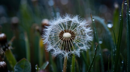 White Dandelion Seed Head in the Rain