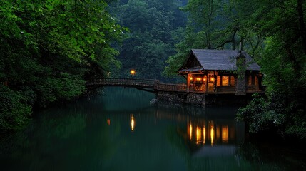 Fototapeta premium A cozy illuminated cabin nestled over serene and reflective water