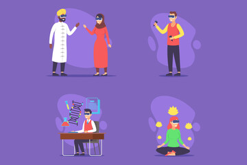 Diverse set of illustrations with individuals engaged in activities like conversation, research, gaming, and meditation