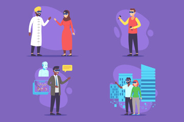 People participating in various activities, showcasing social interactions in colorful urban environment. Group including individuals in modern attire and traditional clothing