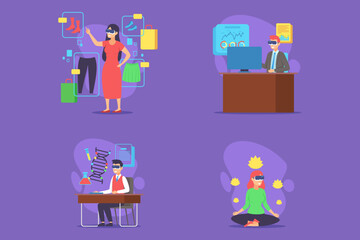 Individuals engaged in various tasks within vibrant environment, showcasing activities like shopping, working at desk, conducting research, and practicing mindfulness