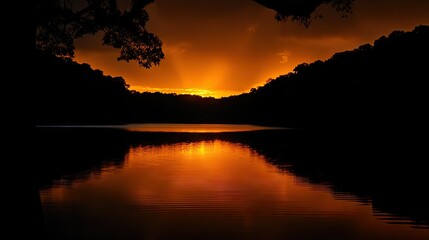 Obraz premium Beautiful sunset over a serene lake surrounded by silhouetted trees