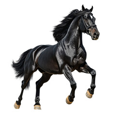 Obraz premium Majestic Black Stallion Running Dynamic Pose Against Black Background on transparent background