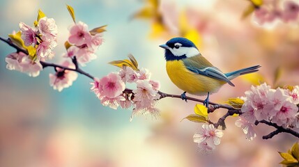 Fototapeta premium Small blue bird resting on a cherry blossom branch with pink flowers in full bloom,Beautiful Sparrow Perched on Spring Cherry Blossoms in Serene Nature Scene 