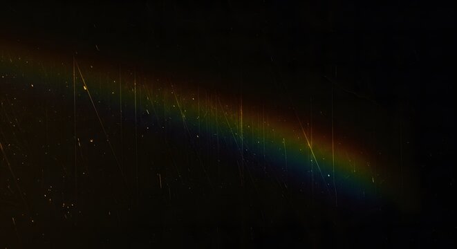 Grunge texture overlay with rainbow light leaks and scratches on a dark background