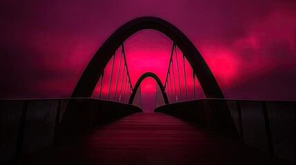Obraz premium Modern bridge spanning in front of a vibrant red and pink sky