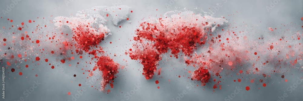 Poster global crisis infographic pandemic impact visualization with dispersive red data particles on muted 