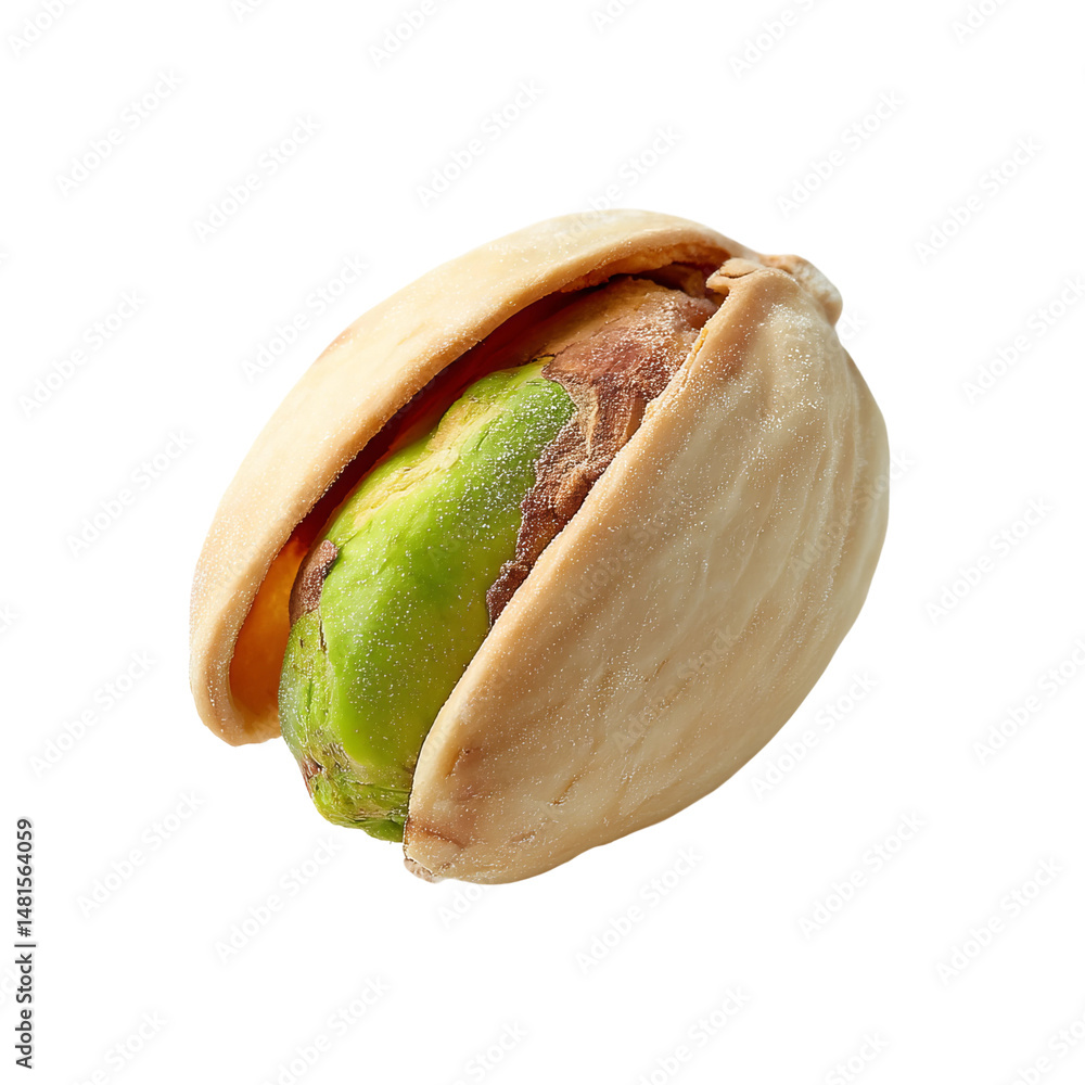 Poster a single pistachio nut with its shell partially cracked open, revealing the green kernel inside. thi