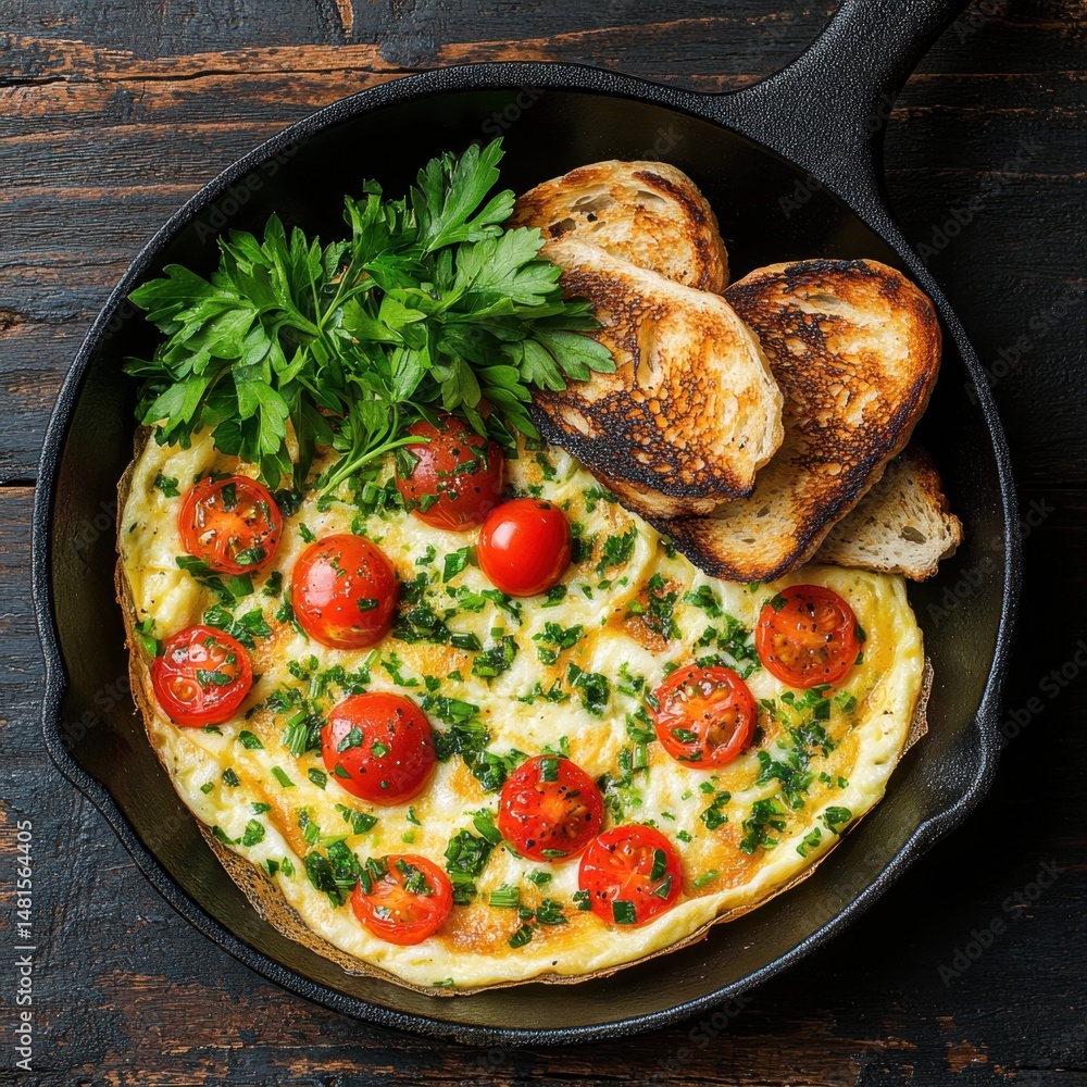Poster overhead view of a tomato and herb omelet served in a cast iron skillet with toasted bread on a rust