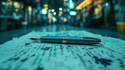 Ink pen on ancient scroll, night city bokeh