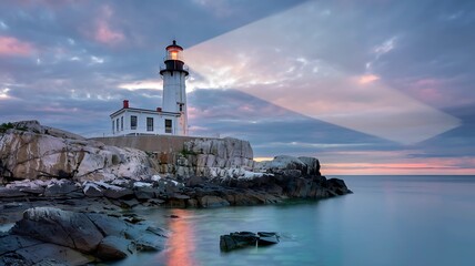 White Lighthouse on Rocky Coast at Dawn