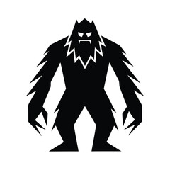 Stylized illustration of a silhouette bigfoot monster creature in flat black and white design for graphics