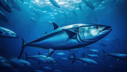 Swarm of Bluefin Tuna in the middle of the blue ocean