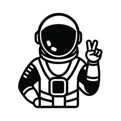 Black and white illustration of an astronaut making the peace sign showing victory in outer space vector artwork
