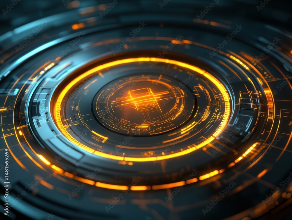 Aufkleber futuristic technology interface with glowing orange lines and circular design close up abstract conc