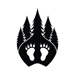 Black and white vector illustration of bear footprints and pine trees representing a forest nature logo design