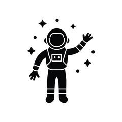 Simple black and white illustration of an astronaut waving with stars and planets in the background design element