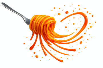 Dramatic Swirl of Spaghetti on a Fork with Flying Tomato Sauce Splash on White Background – Dynamic Italian Pasta Concept for Food Ads, Menus, and Culinary Designs