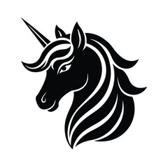 Elegant silhouette of a mythical unicorn head in black and white suitable for logos and design elements