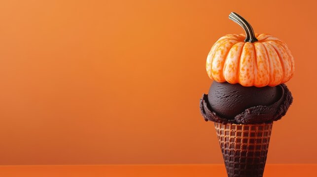 Pumpkin spice ice cream cone: a frozen fall treat sweet and savory dessert with bright orange background ideal for autumn celebrations and creative food concepts 