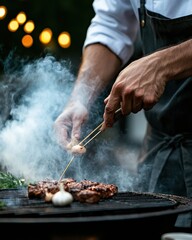 Fototapeta premium Gourmet Flame National Garlic Day Culinary Experience - Artisan BBQ Mastery with Atmospheric Smoke and Premium Grilling Techniques for Food Enthusiasts