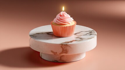 Pink cupcake on marble pedestal