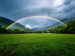 Naklejka premium Vibrant rainbow arches over lush green valley with mountains in background, under cloudy sky, creating peaceful and scenic landscape filled with natural beauty and tranquility