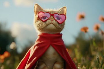 cute red cat in a funny outfit and sunglasses,bouquet of eyes judging an insane ludicrous creature in a beautiful field of doom