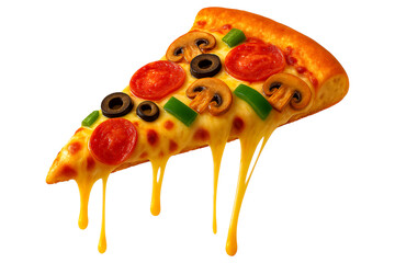 Hot and Melty Supreme Pizza Slice with Pepperoni, Olives, Mushrooms, and Peppers on Transparent Background – Perfect for Menu Design, Food Ads, and Digital Promotions