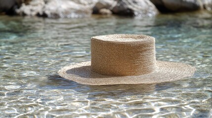 Light beige straw hat floats on clear water