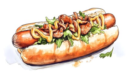 Hand-drawn illustration of a gourmet hot dog with toppings.