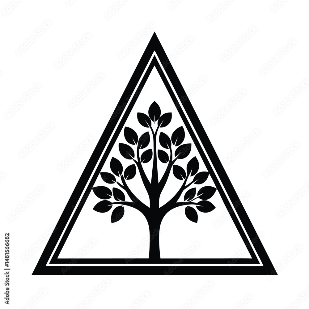 Poster abstract tree illustration within a triangle frame featuring leaves and branches in a minimalist bla
