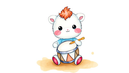Cute Watercolor Illustration of Adorable Fluffy Kid Drum Doll with Soft Watercolor Background Perfect for Kids Art and Nursery Decor