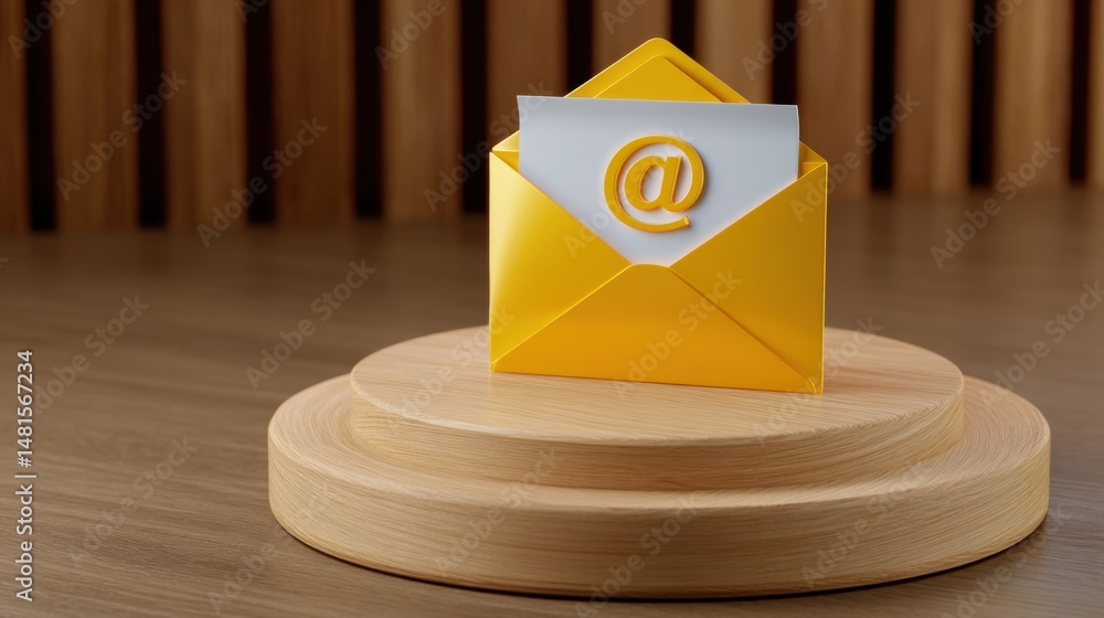 Poster a stylish yellow envelope with an at symbol sits on a circular wooden base, representing digital com