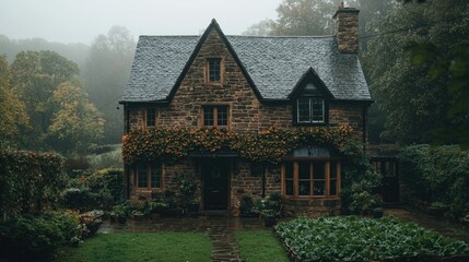 An old stone house surrounded by lush greenery and trees