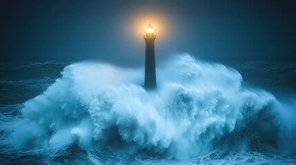 Lighthouse amidst a raging storm at night