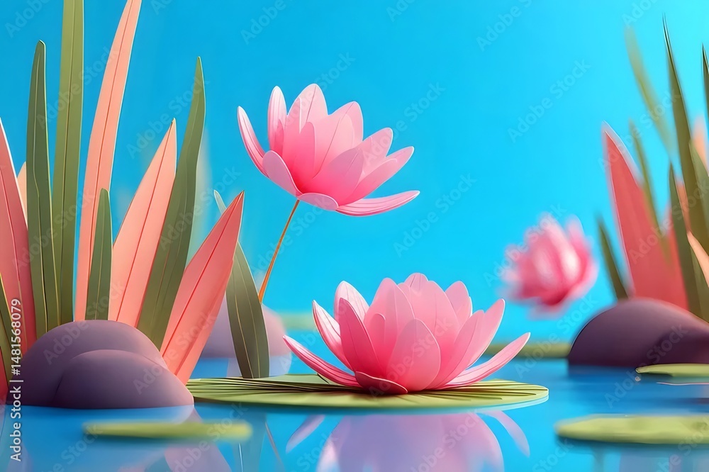 Poster 青い背景に浮かぶピンクの蓮の花と水草の穏やかな水面 反射が美しい水彩スタイルのイラスト